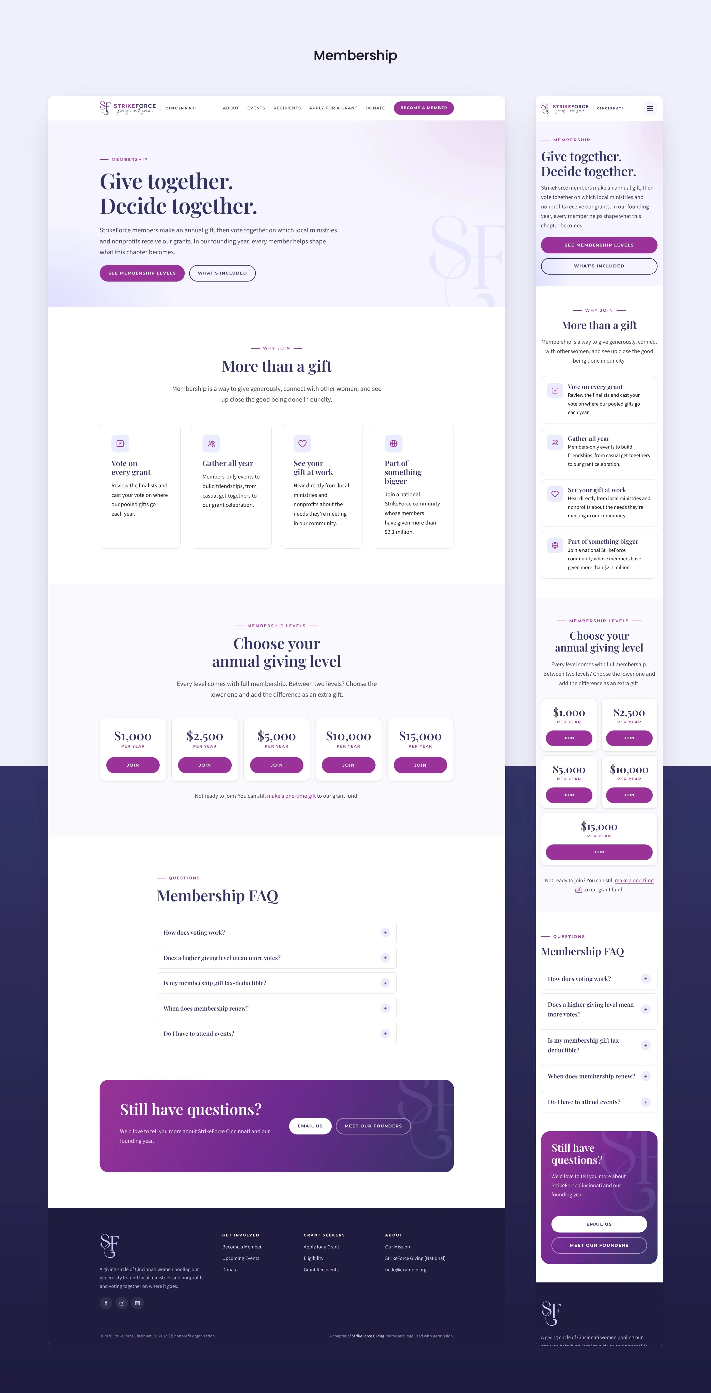 Membership page design on desktop and mobile