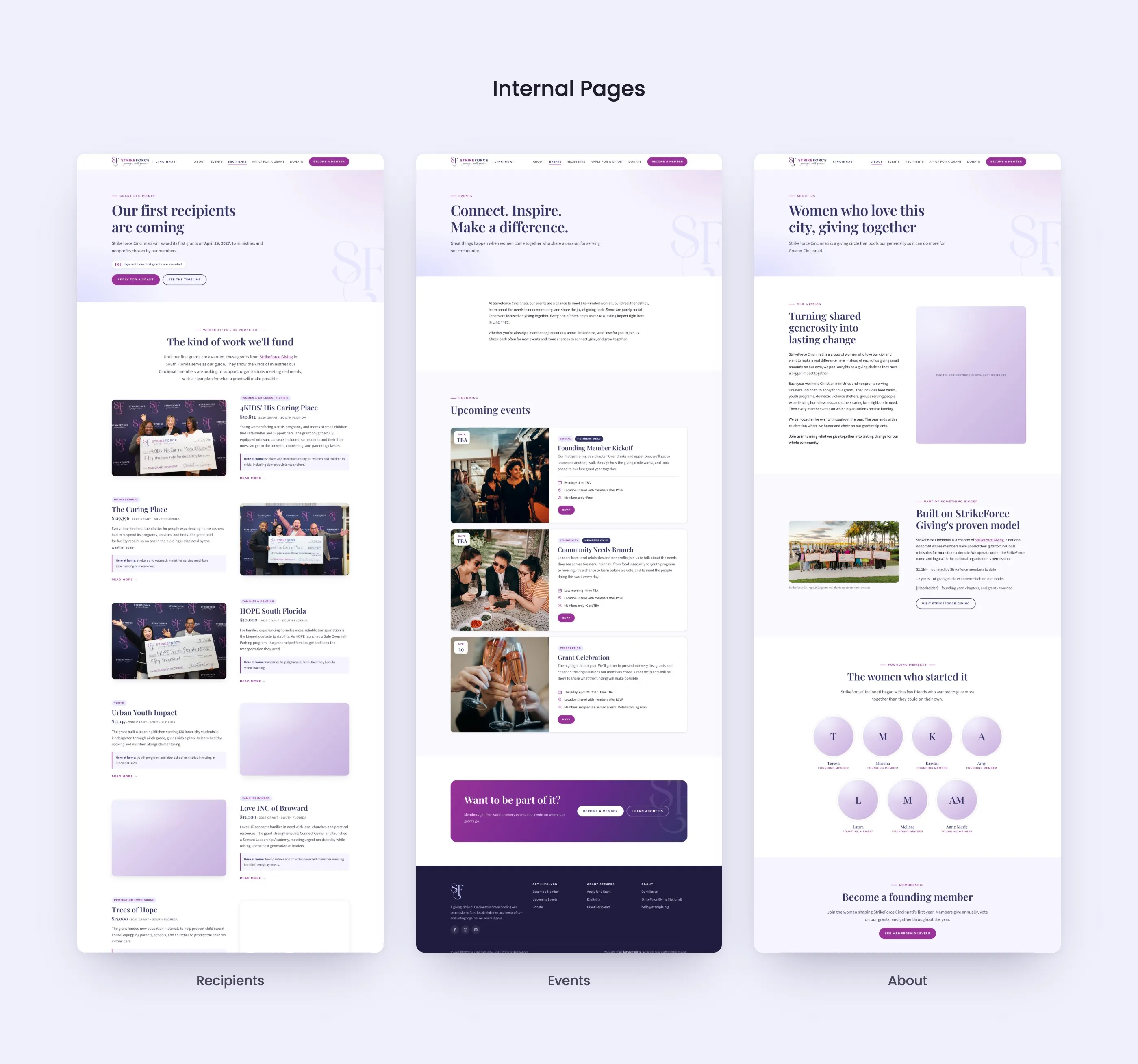 Recipients, Events, and About page designs