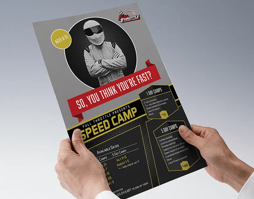 Hands holding the Full Throttle Speed Camp flyer